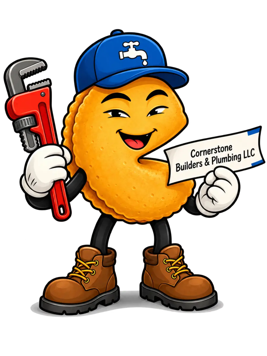 Cornerstone's friendly fortune cookie plumber mascot holding a pipe wrench